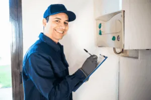 plumber smiling for Electric Water Heater efficiency and its lower running costs.