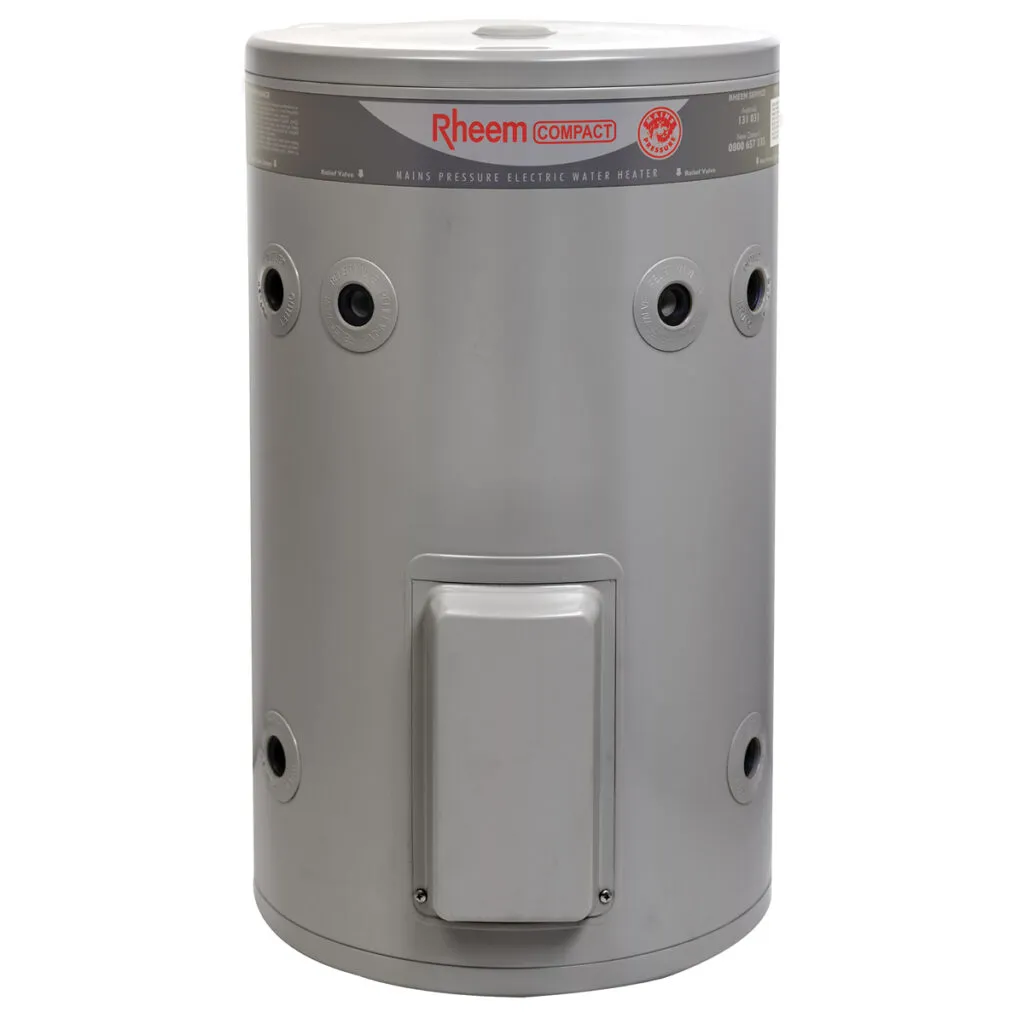 Rheem Compact 47L Electric Water Heater (Model 191045) with space-saving design, dual-handed fittings, and versatile installation for small homes.