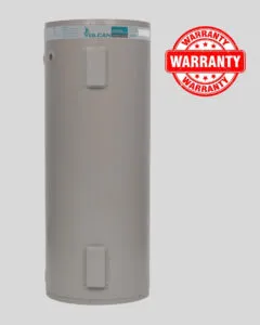 Vulcan 315L electric water heater with a red warranty badge