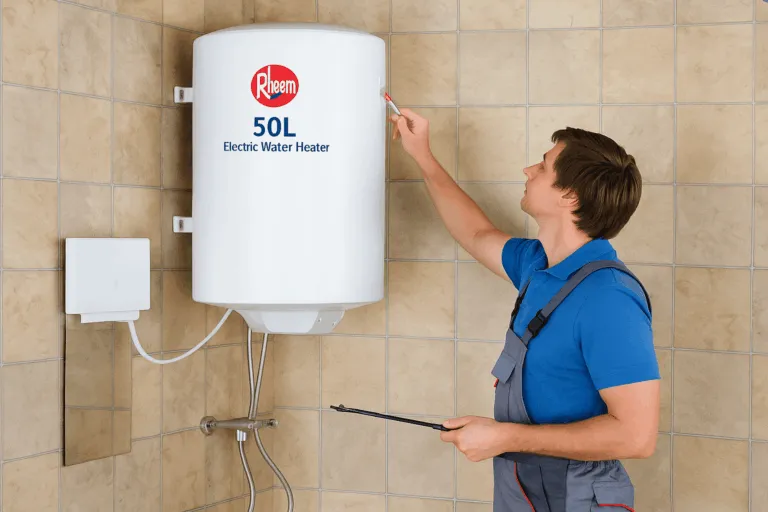 Rheem 50L Electric Water Heater with recessed plug fittings for space saving
