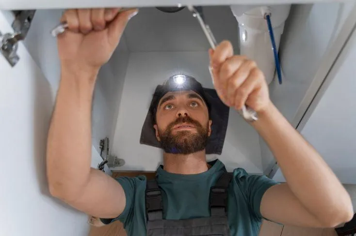 Plumber installing appliance