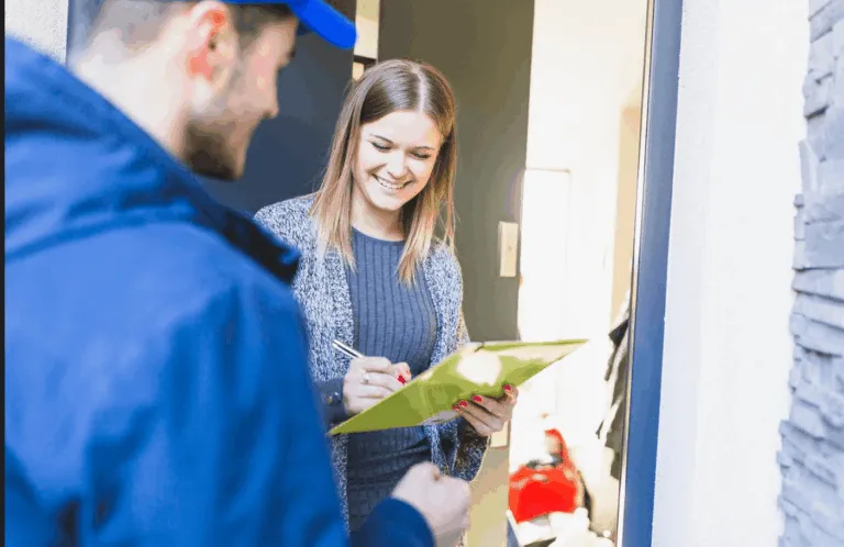 Satisfied customer talking with technician