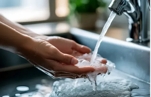 Hand under running water from a tap.